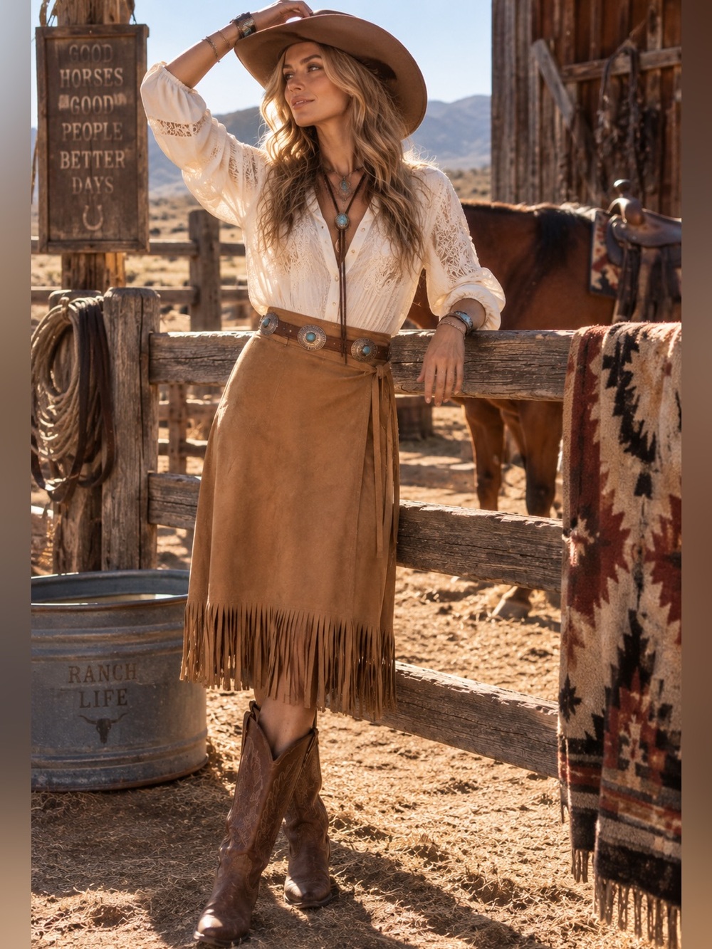 Genuine Leather fringed wrap skirt